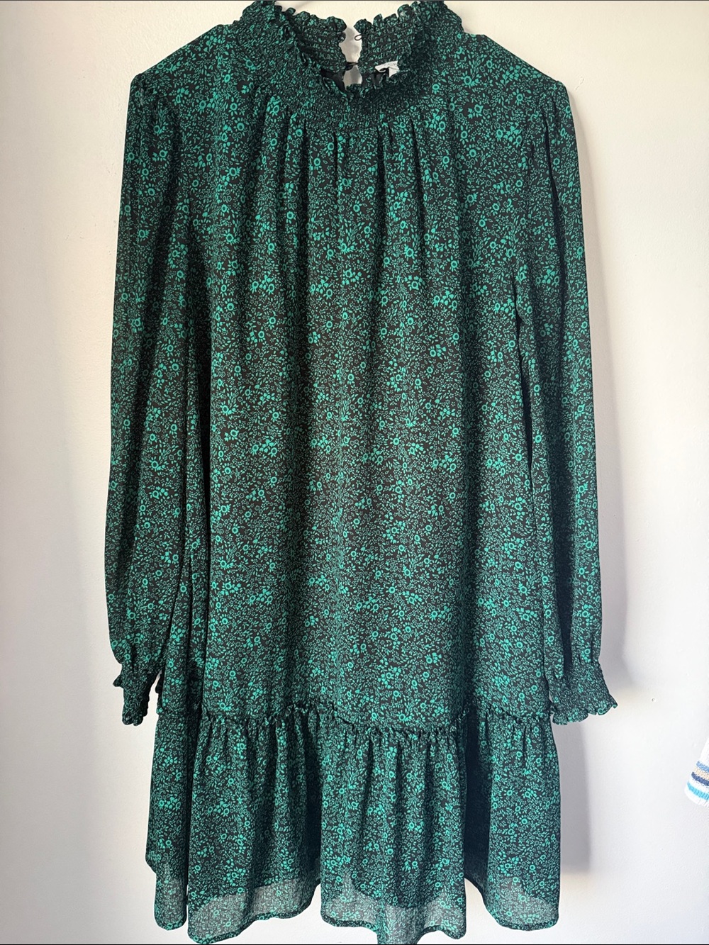 J. Crew Emerald Green Floral Long Sleeve Ruffle Dress